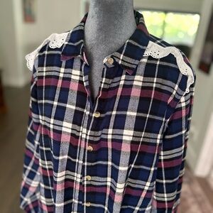 Plaid Button-Up Shirt with Lace Shoulders